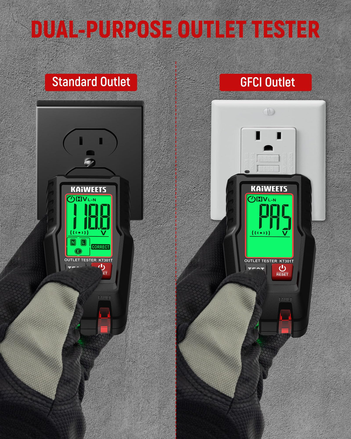 KAIWEETS 120V outlet check demonstrates real-time voltage and wiring verification.