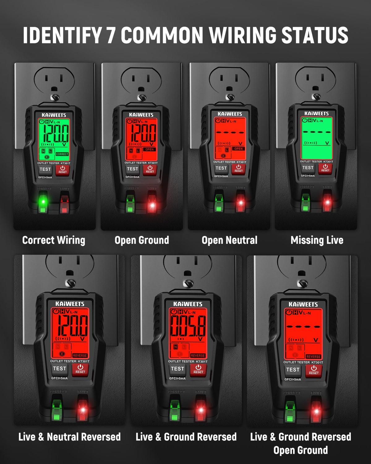 KAIWEETS auto hold feature stabilizes testing for hard-to-reach outlets.