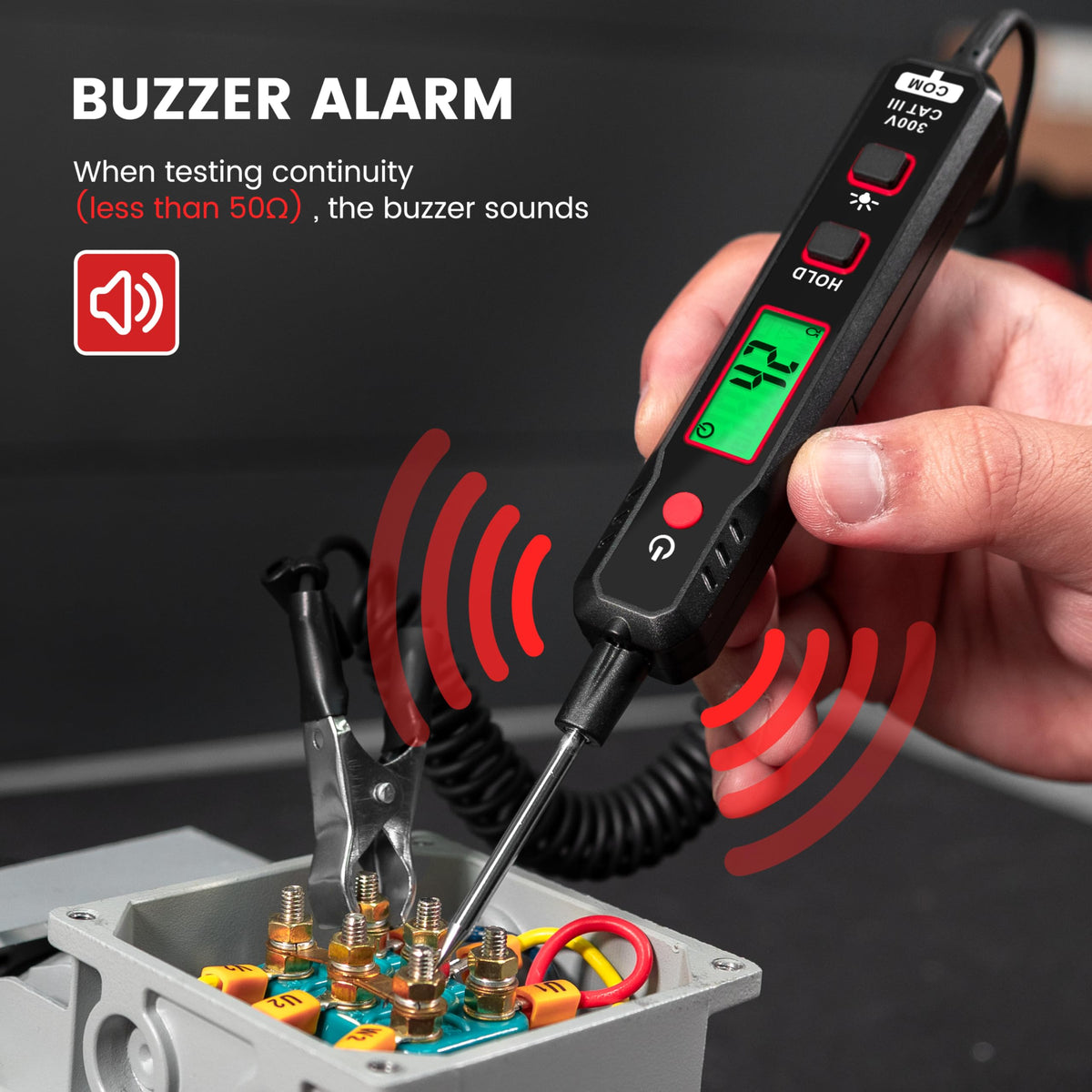 KAIWEETS buzzer confirms continuity with audible alert during checks