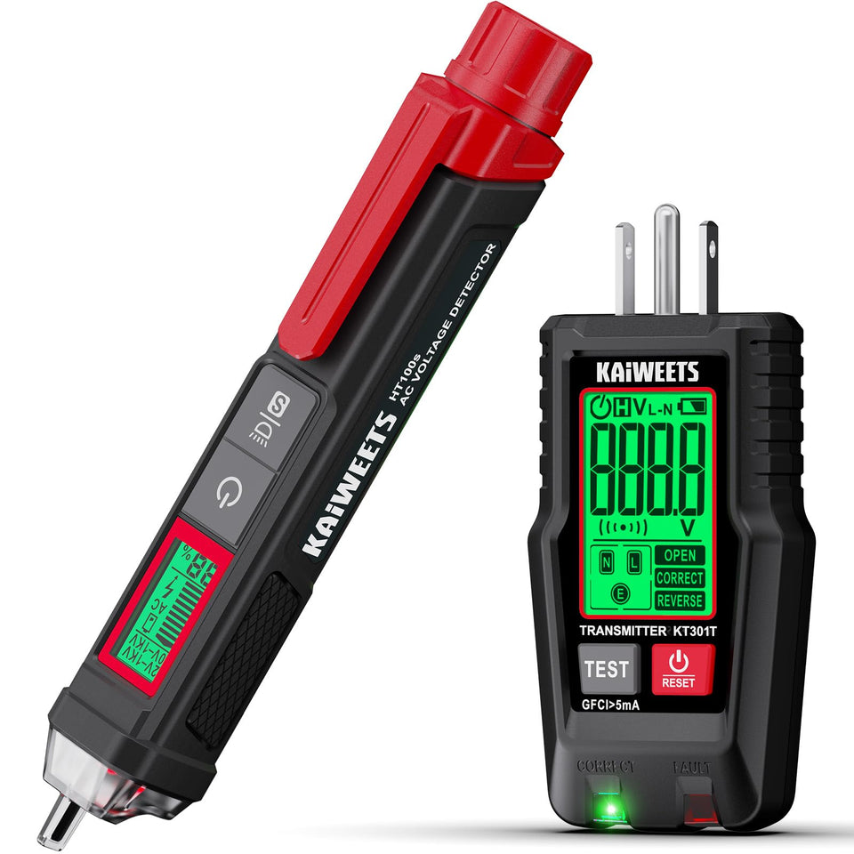 KAIWEETS NCVT in use shows live voltage for quick safety checks.