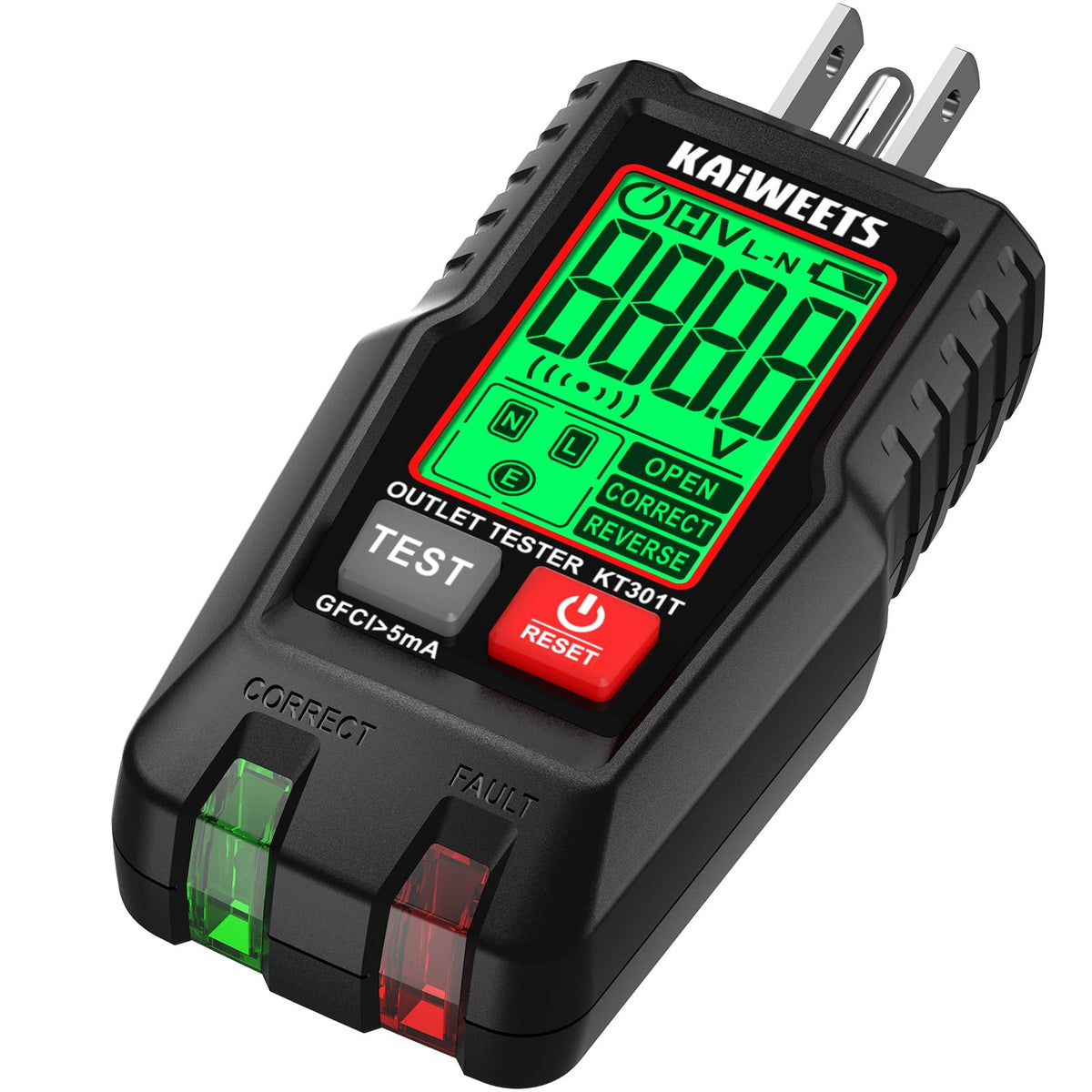 KAIWEETS GFCI outlet tester with LCD display shows live voltage and wiring status.