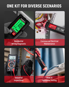 KAIWEETS KIT01 non-contact voltage tester showing live readings with color indicators.