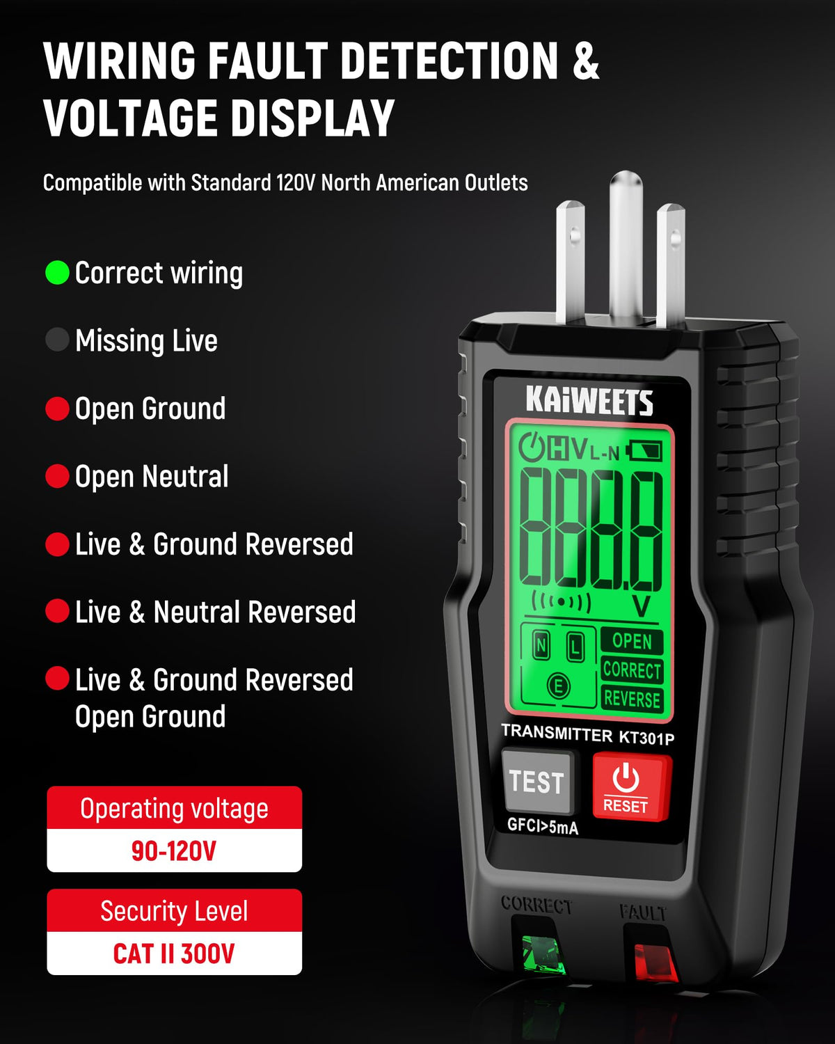 KT301 automatic trip test confirms GFCI outlet protection