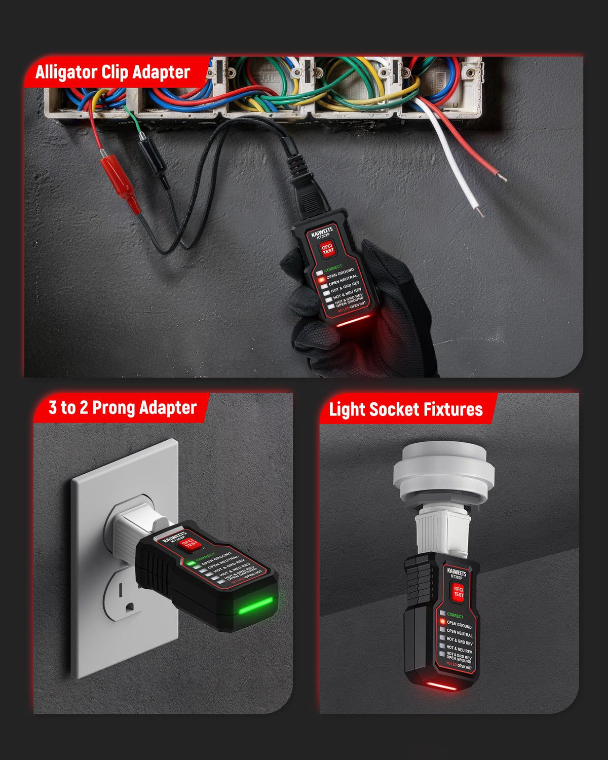 Kaiweets KT302P built-in flashlight aids dark panel inspections.