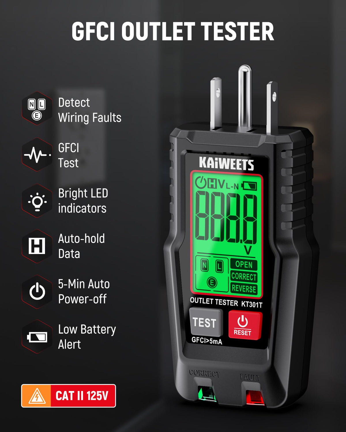 KAIWEETS NCVT built-in flashlight helps test in dark corners.
