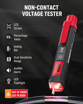 KAIWEETS NCVT LCD display close-up highlights voltage level and progress bar for precise readings.