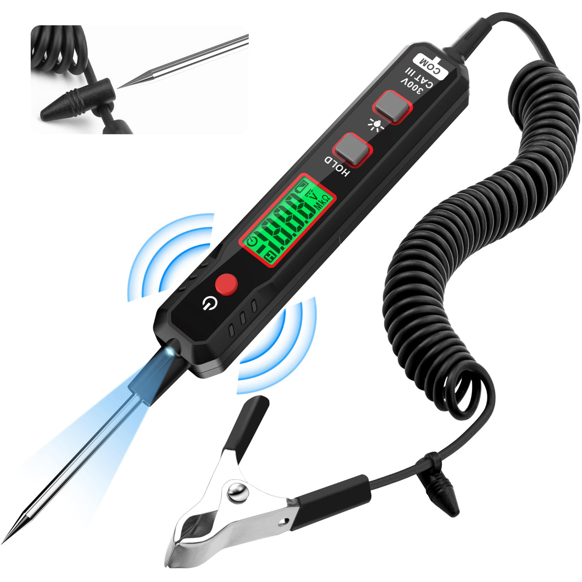 KAIWEETS smart automotive test light hero view showing clear voltage readout