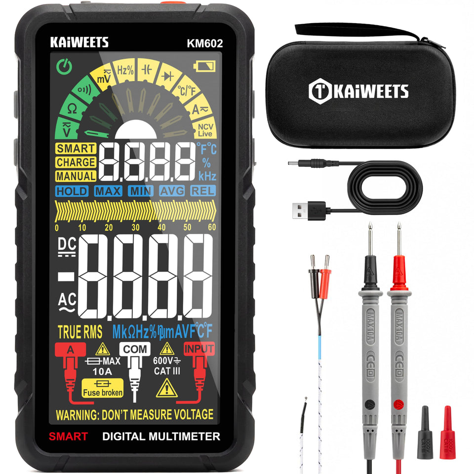 KAIWEETS KM602 smart multimeter full-screen display for clear readings anywhere.