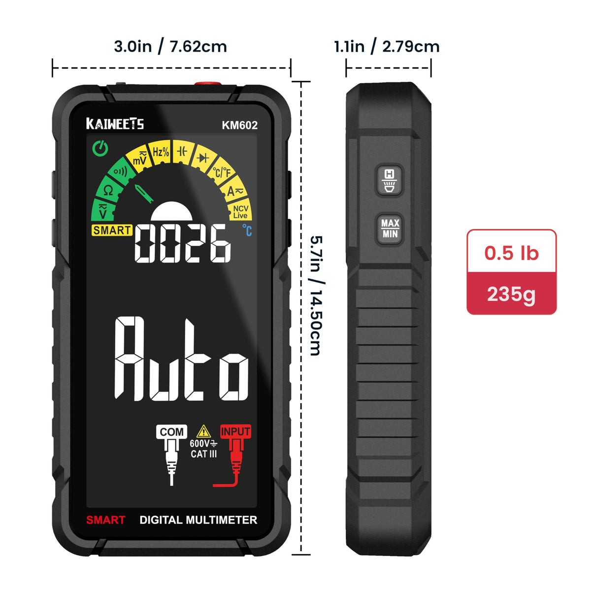 KAIWEETS KM602 Min/Max/Average recording reveals measurement trends.