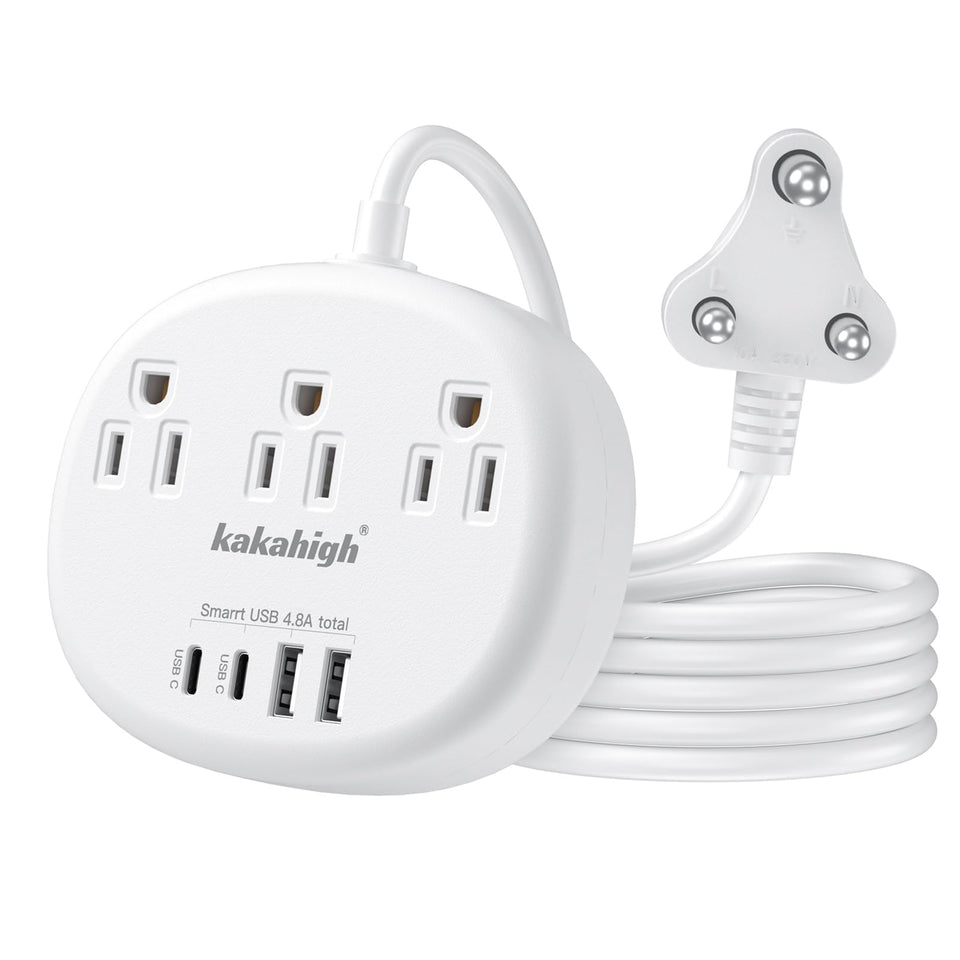 Kakahigh South Africa adapter front view, compact travel companion powering multiple devices