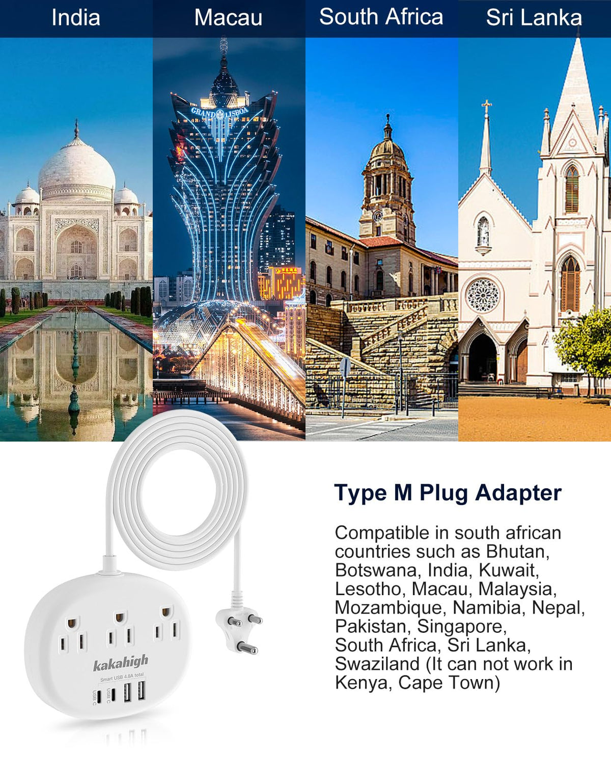 Kakahigh South Africa adapter with three outlets, convenient for charging phones and tablets