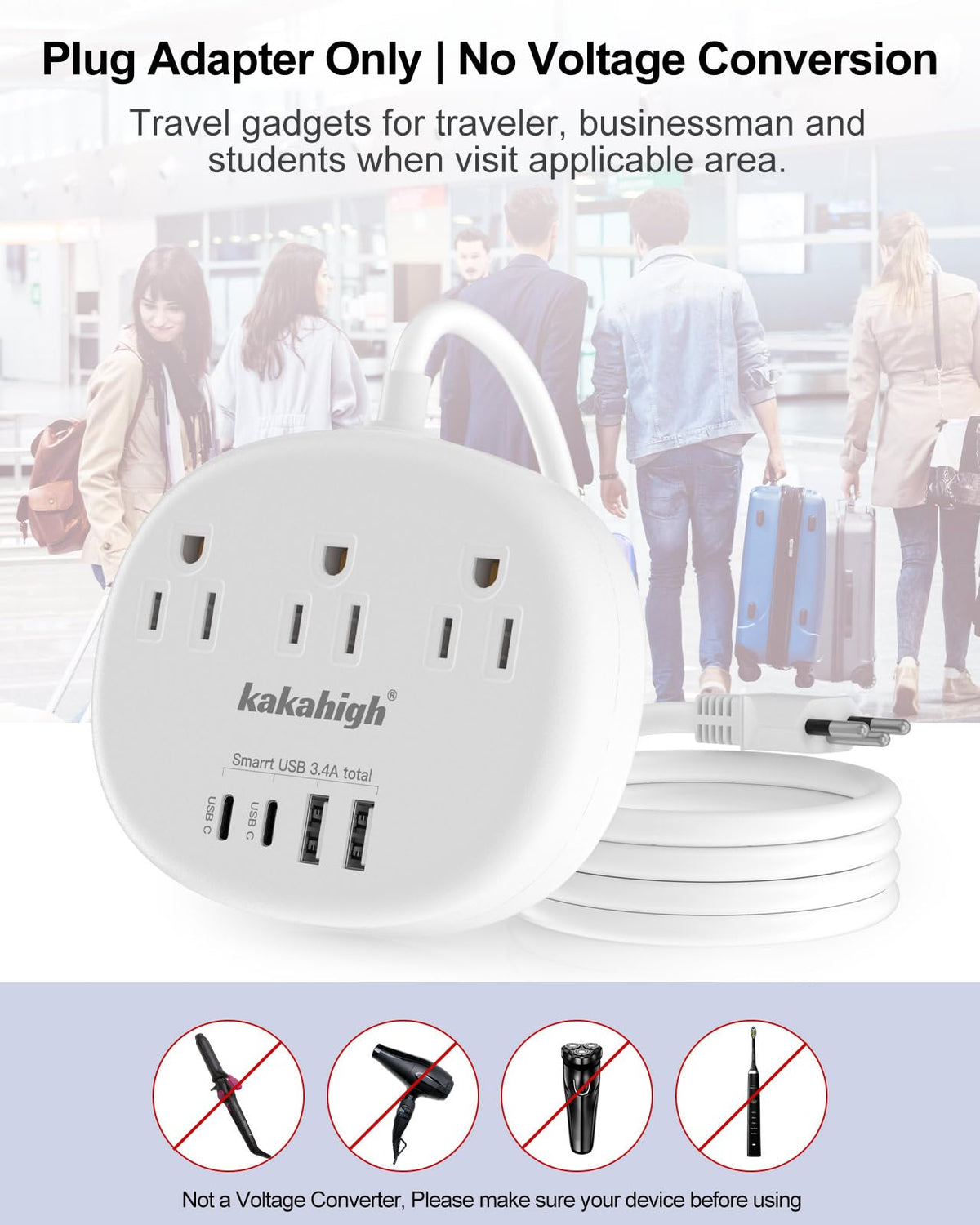 kakahigh travel outlet with 3ft cord: position anywhere for shared space use.
