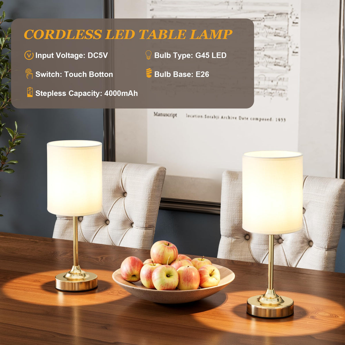 Kakanuo 4000mAh battery-powered bedside lamp for cordless use