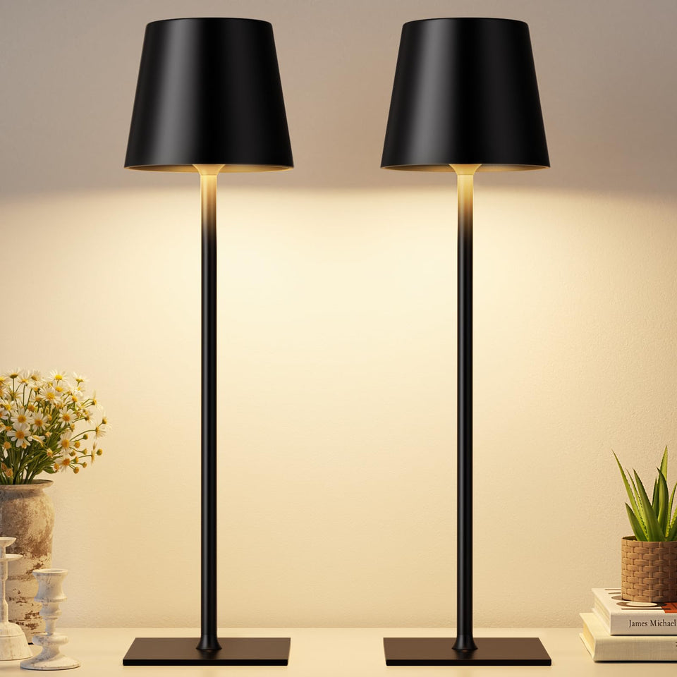 Kakanuo black cordless table lamp packaging shows portable lighting for desks and cafes.