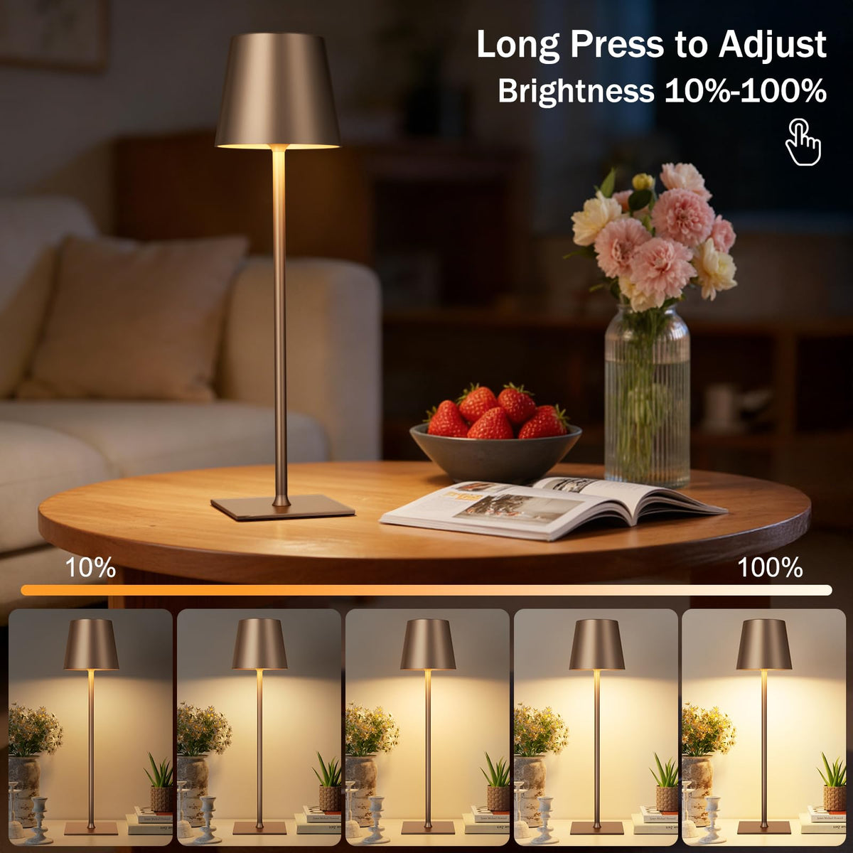 Kakanuo brown cordless table lamp creates intimate dining ambience with soft glow.
