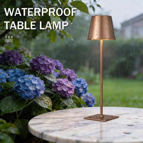 Kakanuo brown cordless table lamp features sturdy matte metal body for durability.