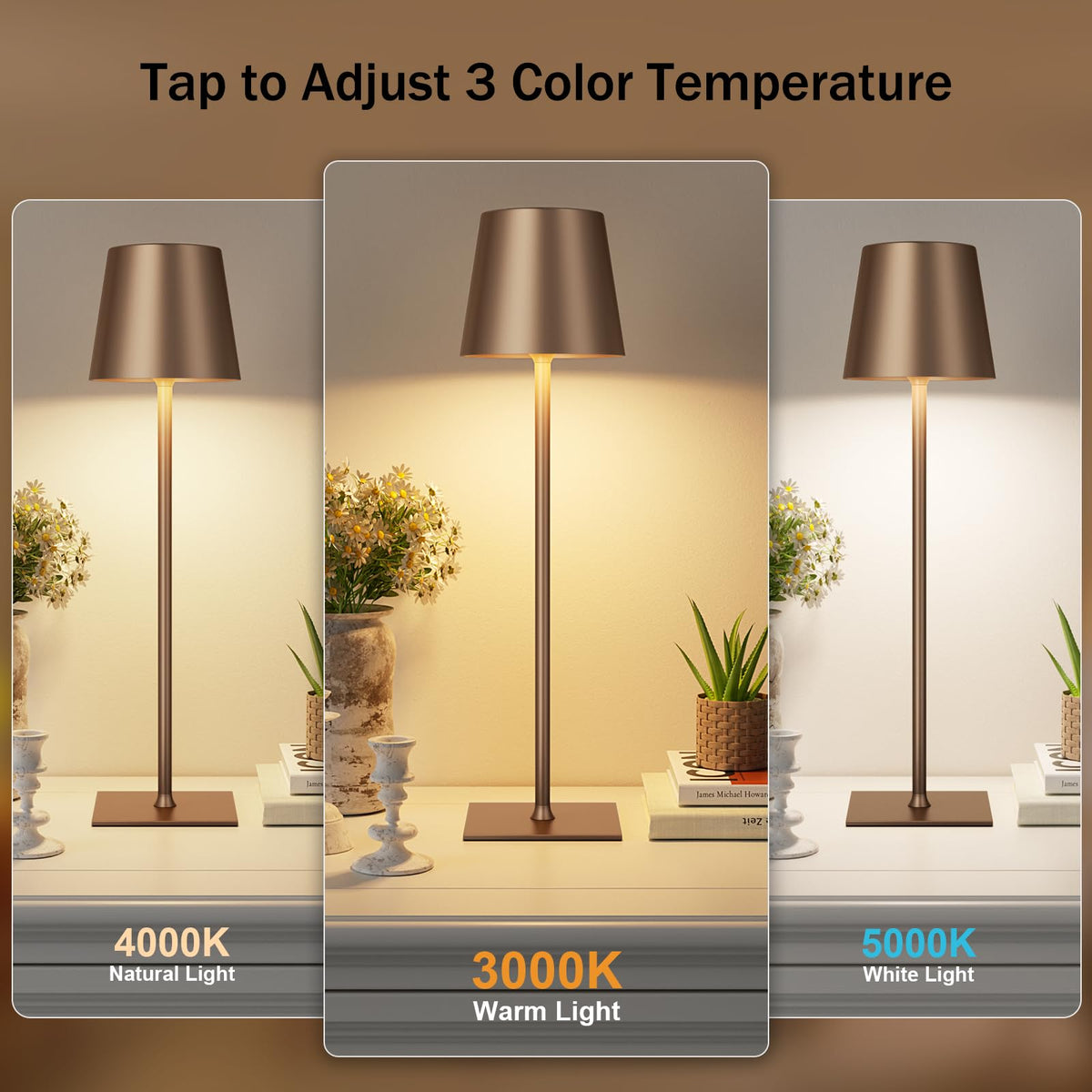 Kakanuo brown cordless table lamp providing warm reading light at night.