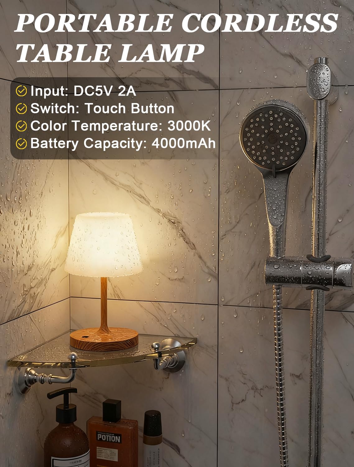 Kakanuo cordless shower lamp in a bathroom scene with water resistance in mind.