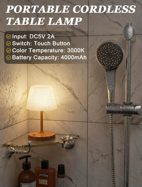 Kakanuo cordless shower lamp in a bathroom scene with water resistance in mind.