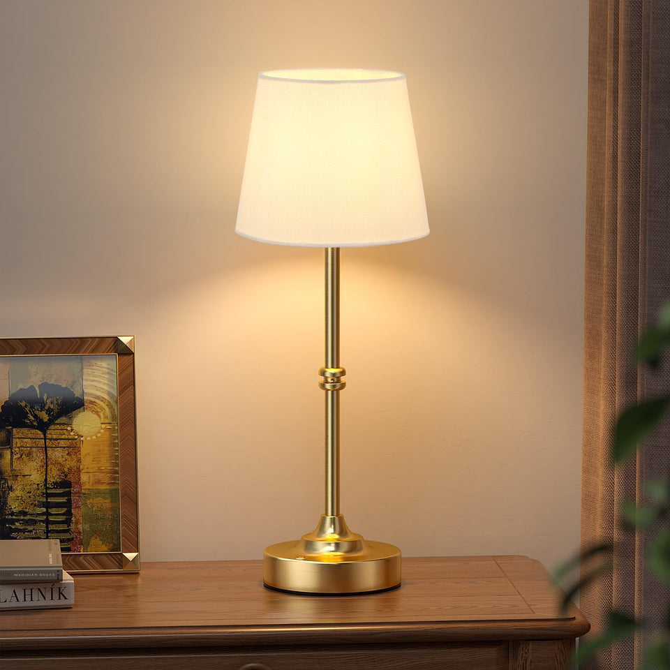 Kakanuo cordless table lamp gold base provides portable illumination for any room.