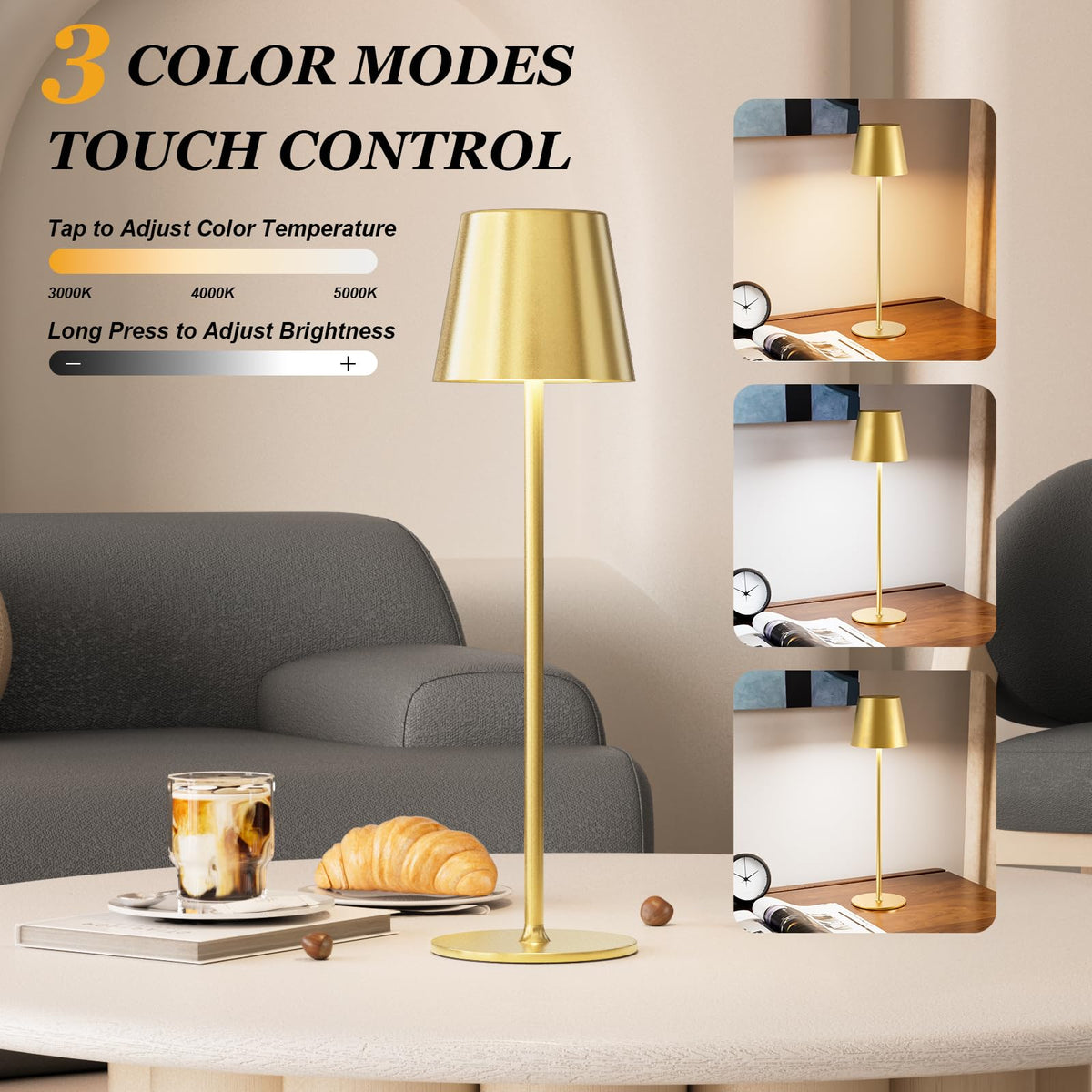 Kakanuo cordless table lamp gold top-control panel for easy color and brightness selection.