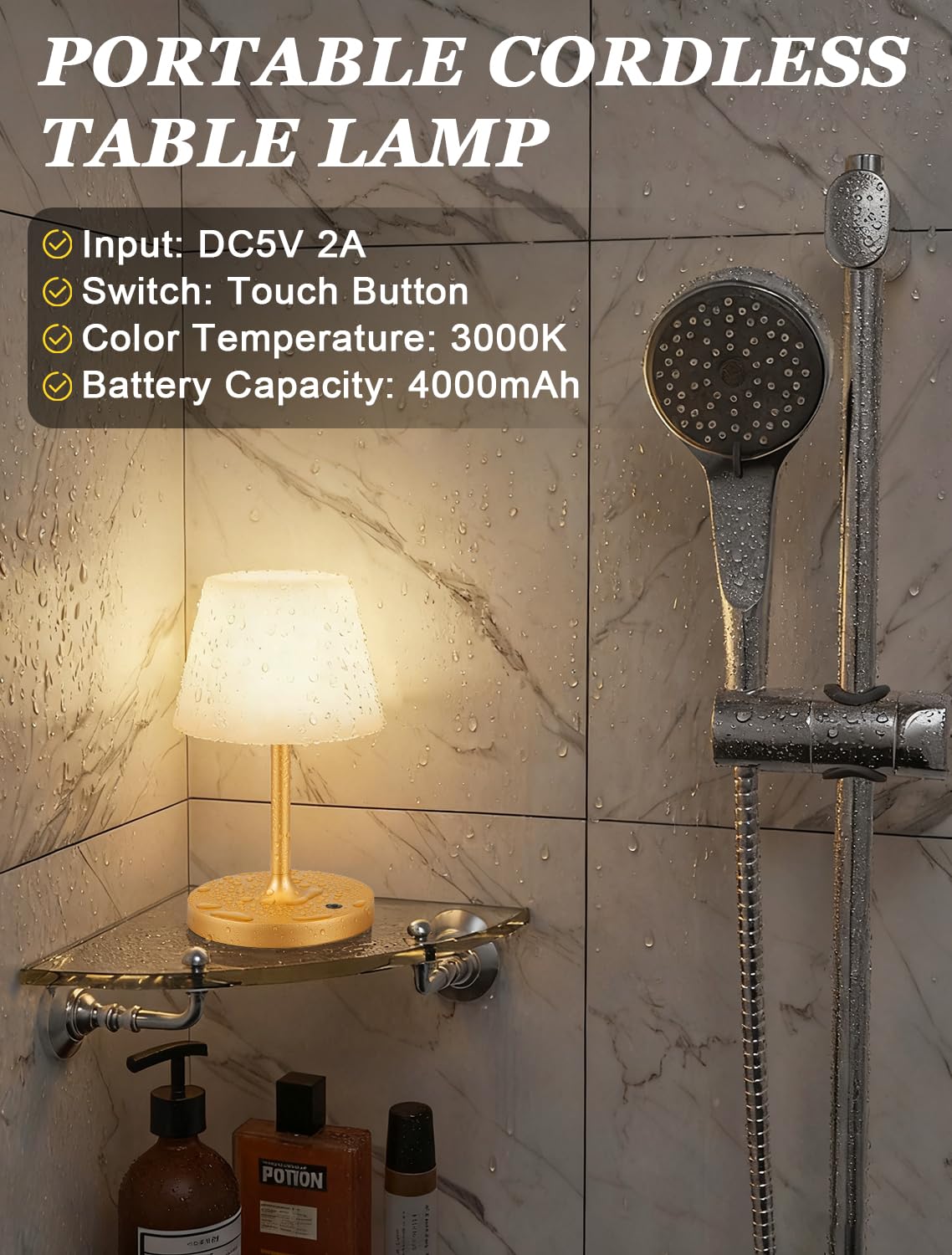 Kakanuo Gold cordless shower lamp shown in an outdoor setting for patio evenings.
