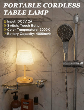 Kakanuo Gold cordless shower lamp shown in an outdoor setting for patio evenings.