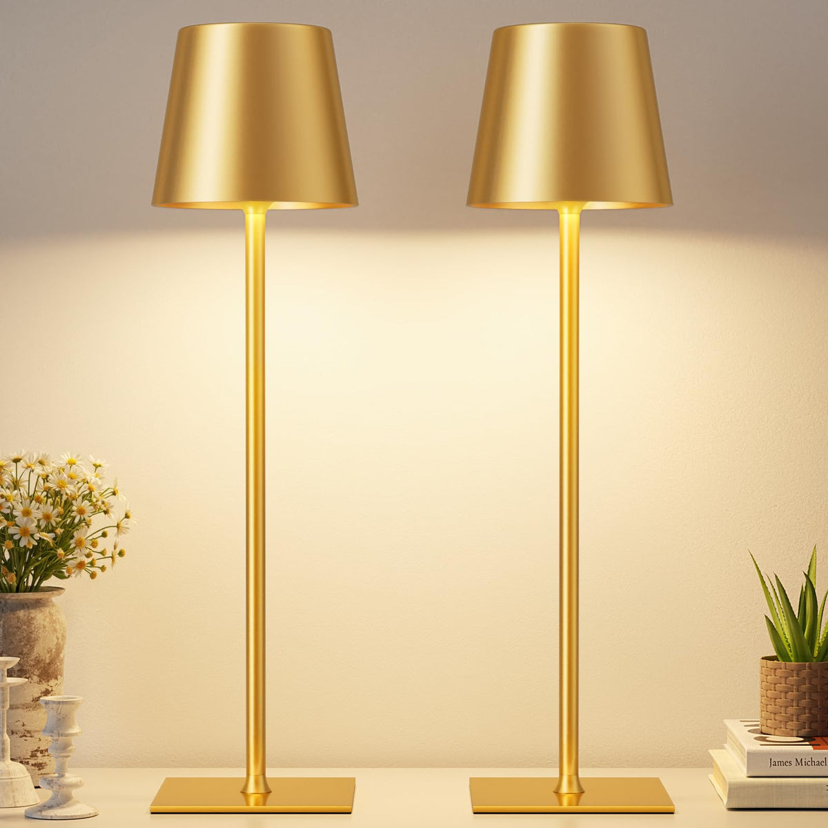 Kakanuo gold cordless table lamp two-pack on a desk with warm ambient light