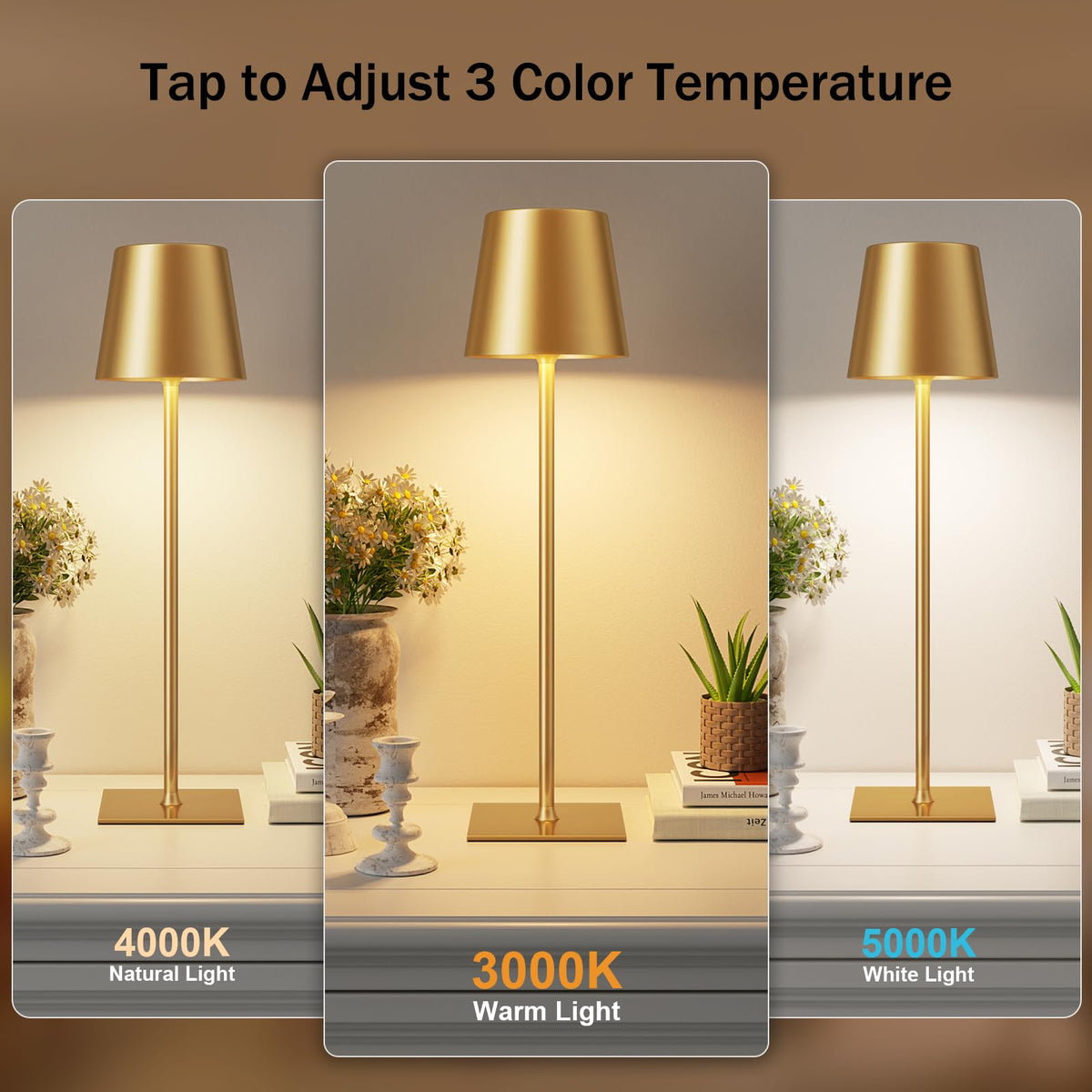 Kakanuo gold cordless table lamp two-pack with 5000mAh battery for hours of brightness