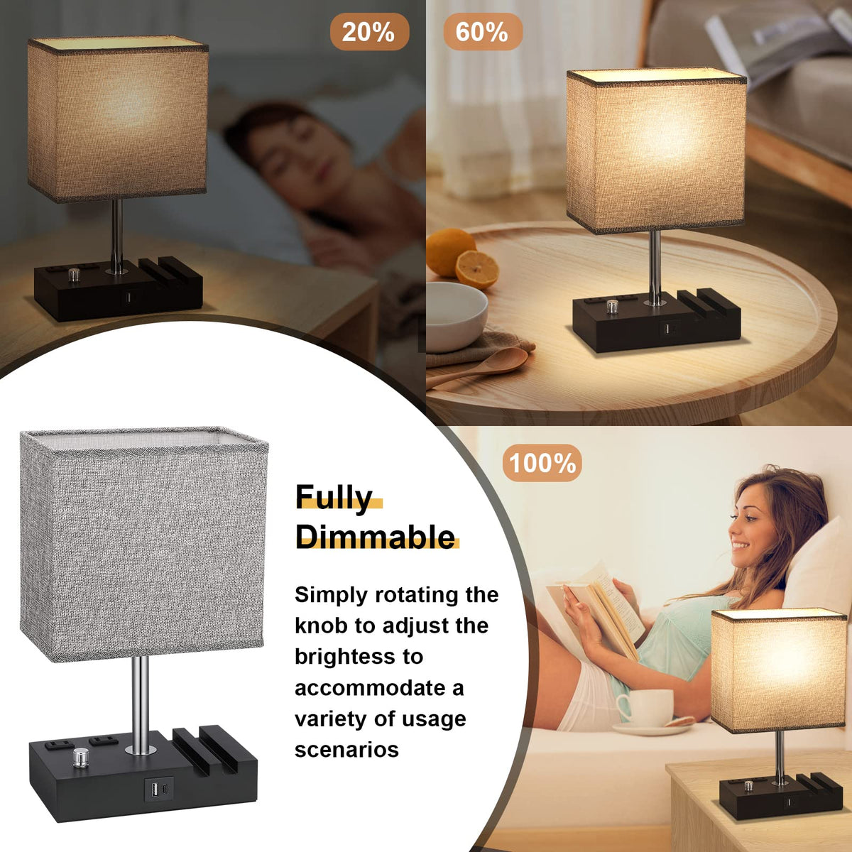 Kakanuo nightstand lamp featuring USB-C port for convenient charging.