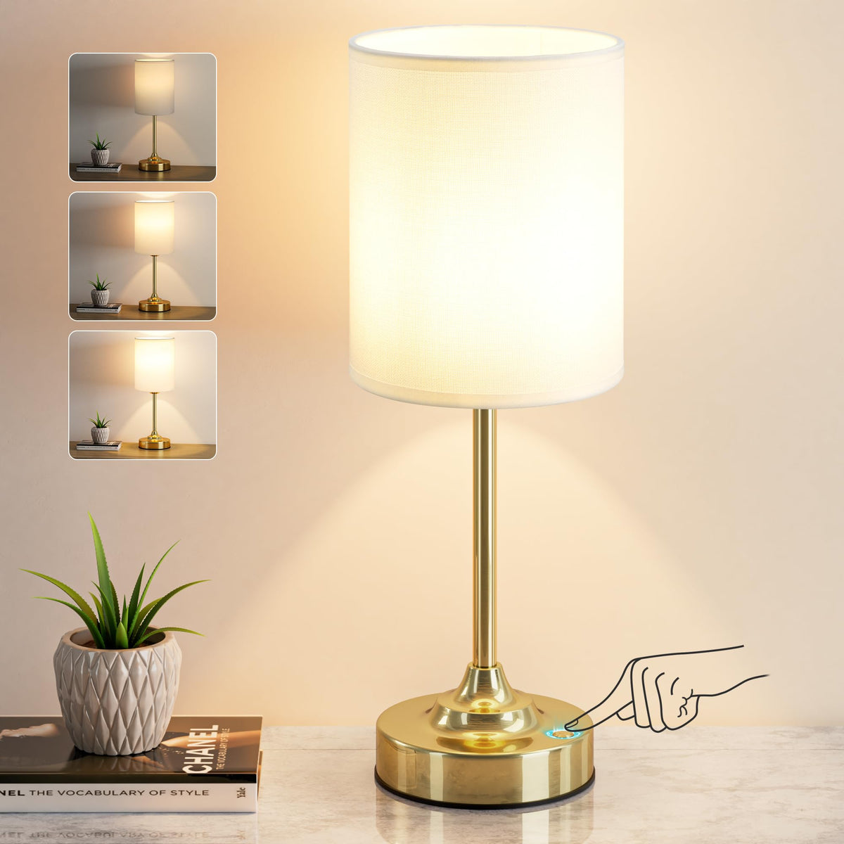 Kakanuo touch-control cordlss table lamp with round linen shade for warm ambience