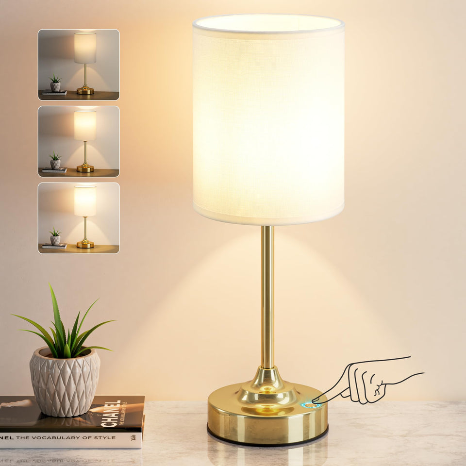 Kakanuo touch-control cordlss table lamp with round linen shade for warm ambience