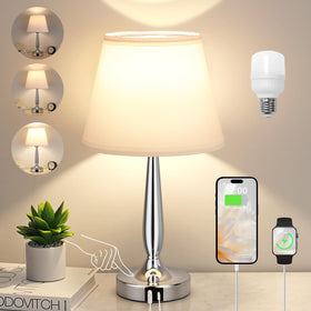 Kakanuo touch table lamp with white shade and silver base on a bedside table