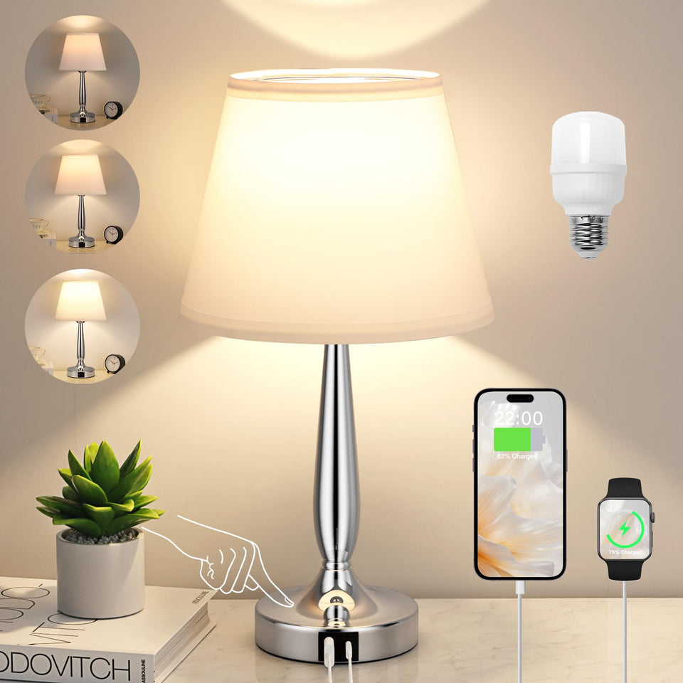 Kakanuo touch table lamp with white shade and silver base on a bedside table