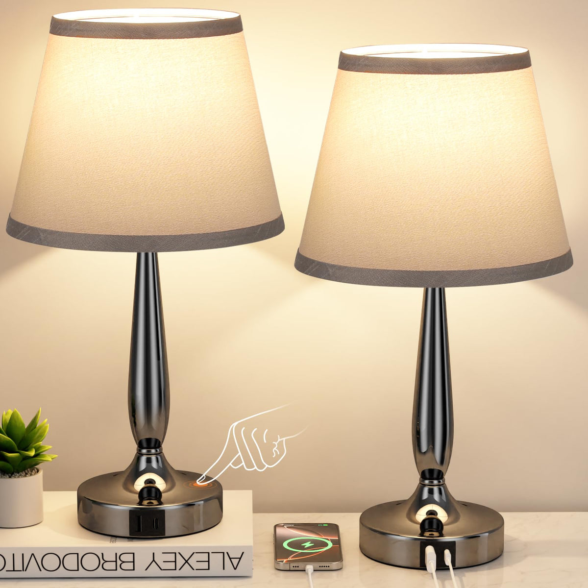 Kakanuo touch table lamp base and shade for soft bedside illumination