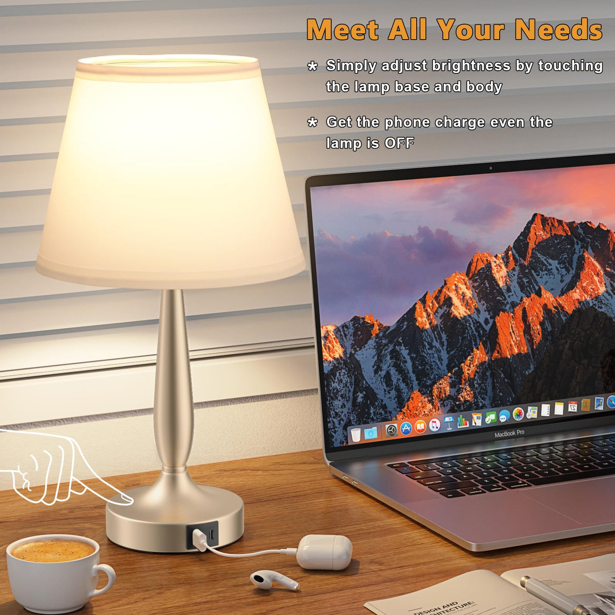 Kakanuo touch table lamp with white shade providing soft, even illumination for bedside.