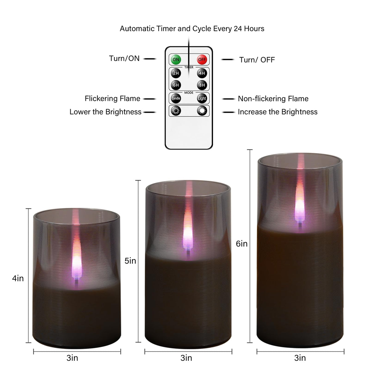 Kakoya flameless candles packaging contents include three candles and remote.