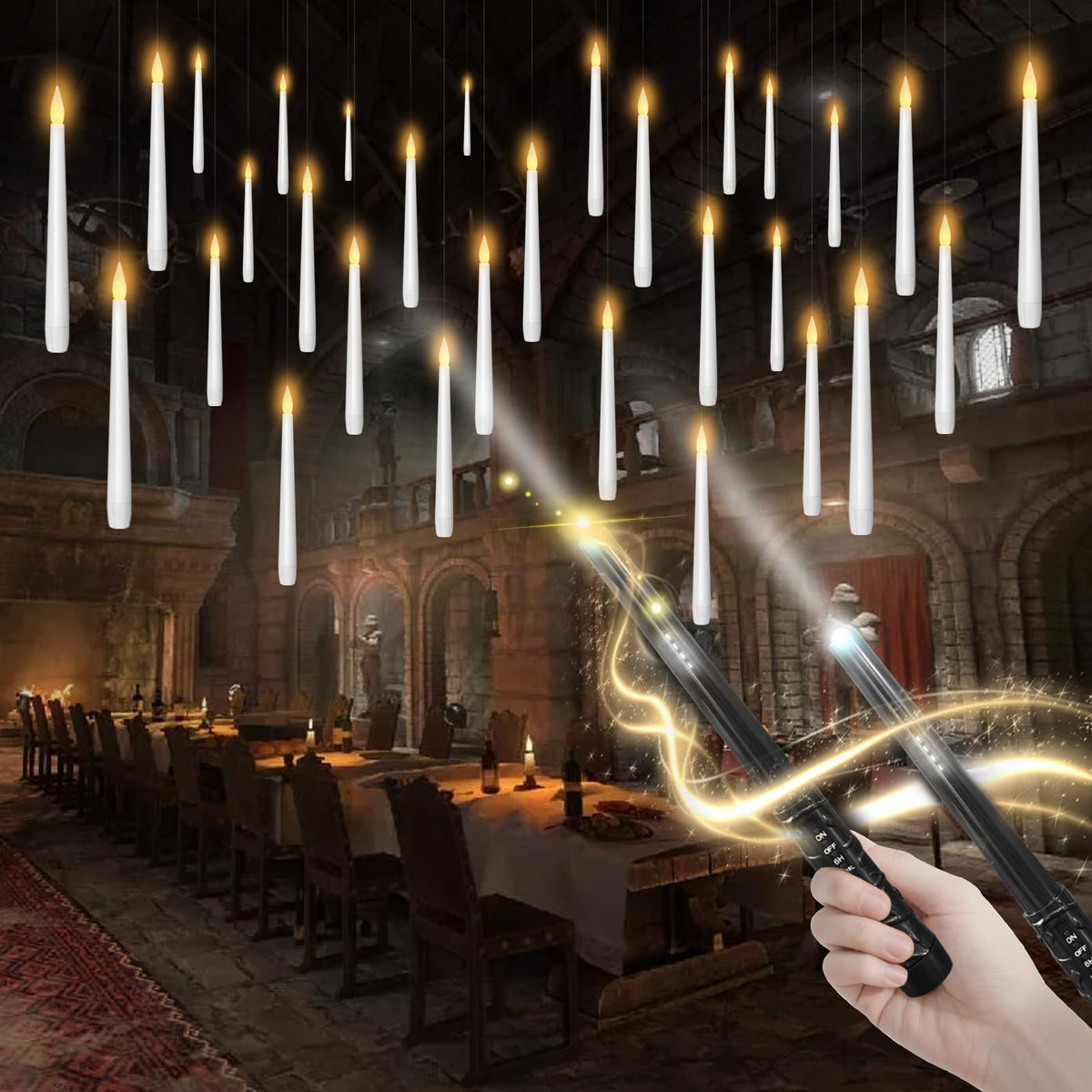 Kakoya flameless floating candles with wand remote illuminate eerie scenes safely.