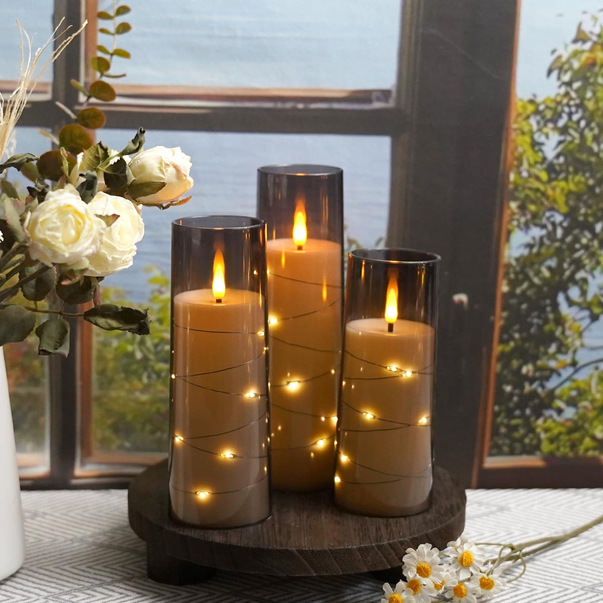 Kakoya pillar candles, 2.3 inch diameter, offer versatile decor for tables, shelves, and corners.