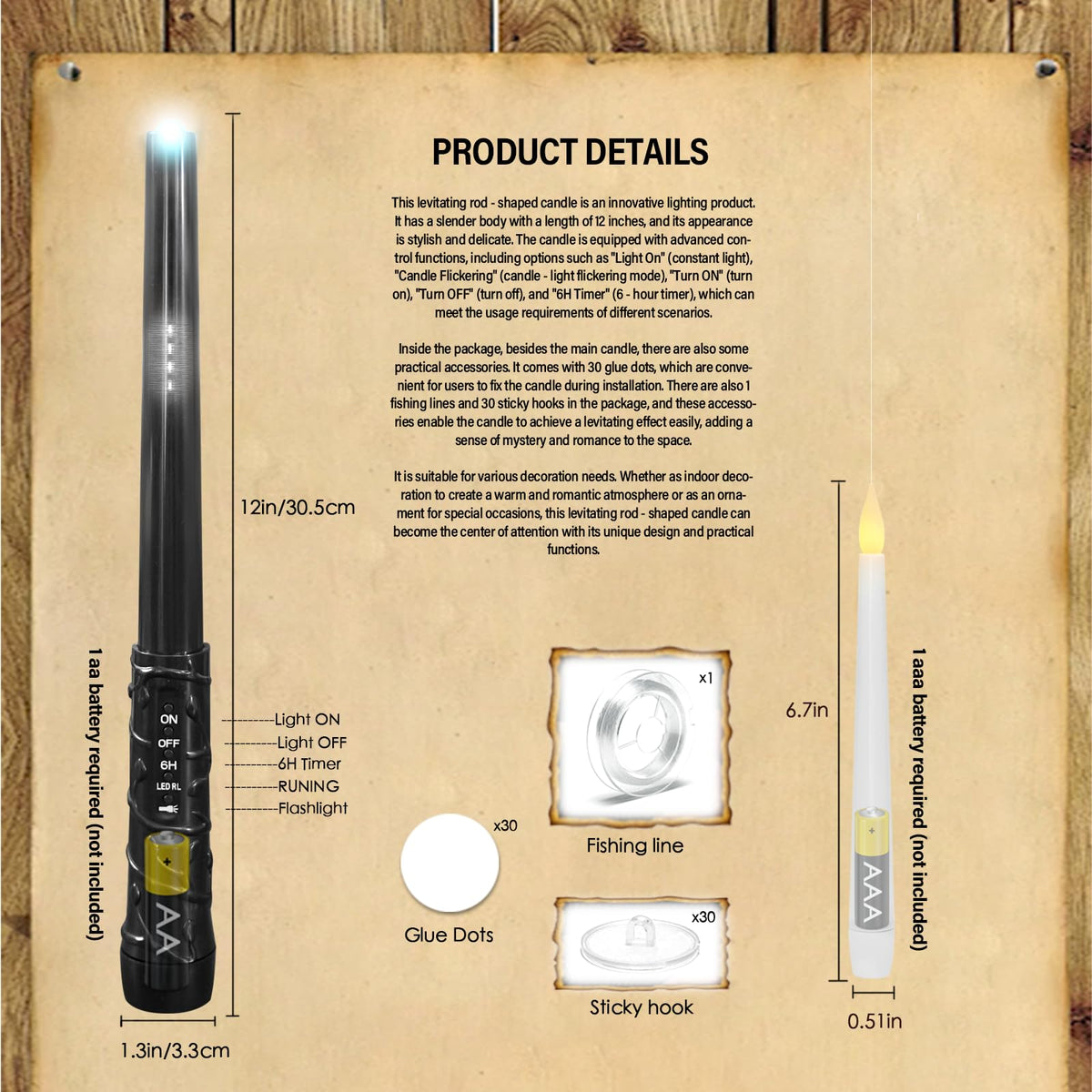 Kakoya wand remote control lets you adjust brightness and flicker patterns.