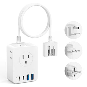 Kakyanill European travel plug adapter with 4 outlets and USB-C ports for versatile charging.