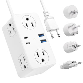 Kakyanill travel plug adapter with six outlets for multiple devices in hotels.