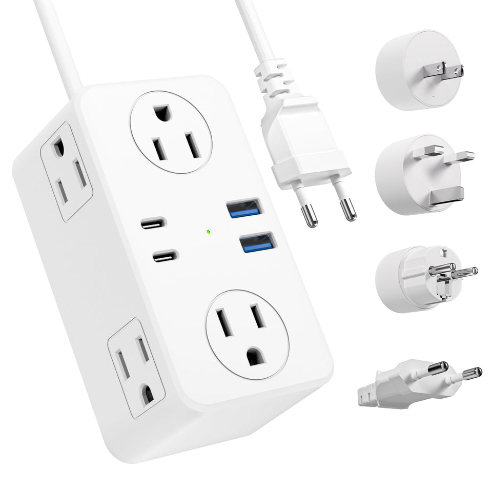 Kakyanill travel plug adapter with six outlets for multiple devices in hotels.