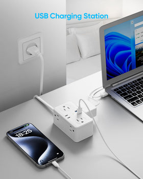 Kakyanill adapter shown powering devices in a hotel room setup.