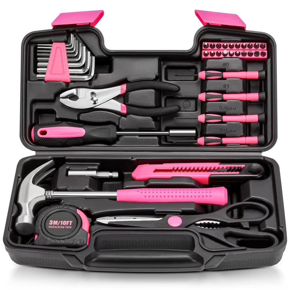 KALIACHO 39pcs pink tool set in toolbox for easy home maintenance