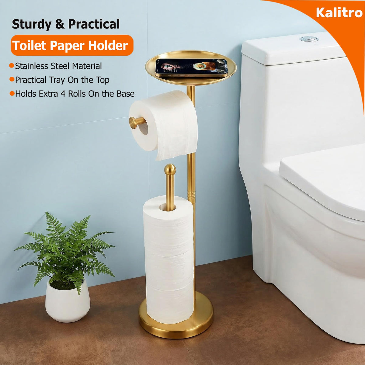 Kalitro freestanding holder with storage shelf blends modern style with practical convenience.