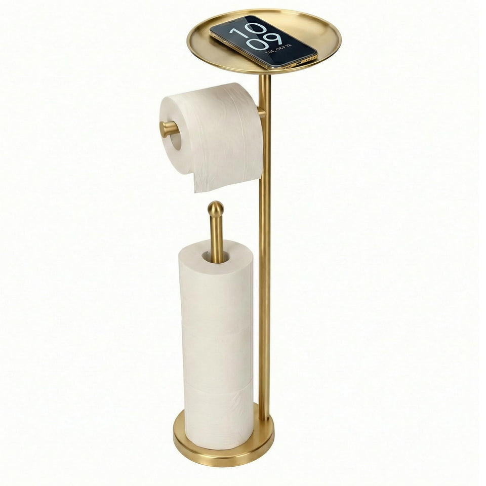 Kalitro toilet paper holder with top tray keeps small items within easy reach.