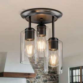 Kalium 3-lights semi-flush matte black ceiling light with clear glass shade enhances hallways