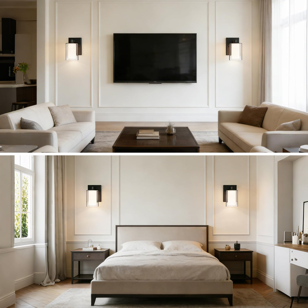 Kalium vanity mirror light enhances task lighting at the dressing area.