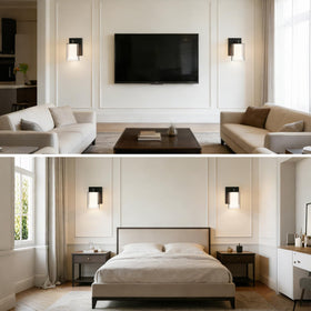 Kalium vanity mirror light enhances task lighting at the dressing area.